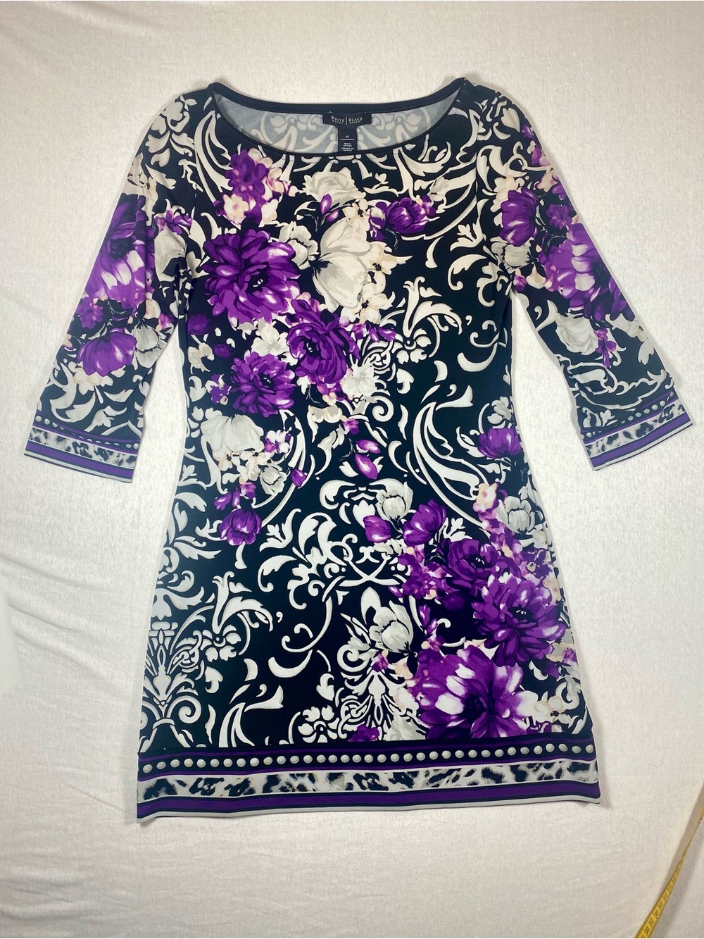 White House Black Market Purple Floral Scroll Print Dress XS 3/4 Sleeve